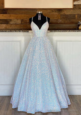 Ball Gown Sleeveless V Neck Long/Floor-Length Sequined Sparkling Prom Dresses With Pleated